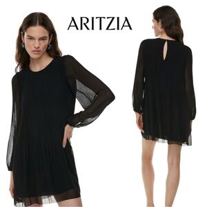 Aritzia Wilfred Daydreamer Pleated Chiffon Black Mini Dress Sheer Overlay Sz m‎